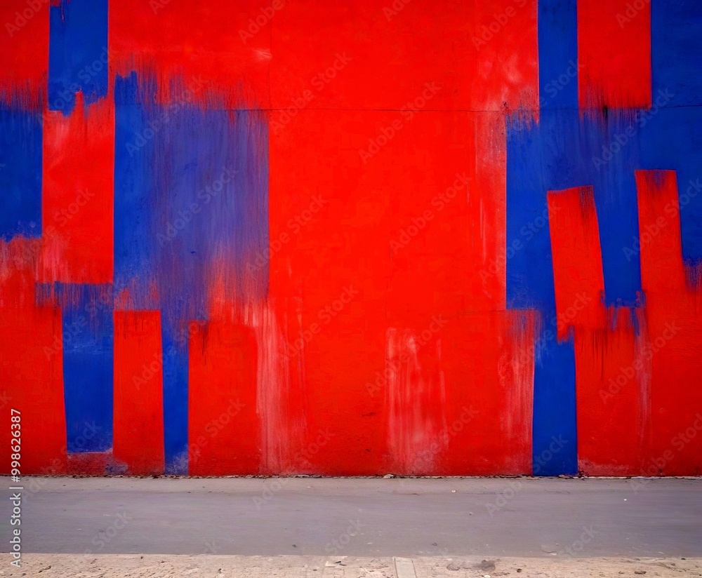 Poster a vibrant red and blue abstract painting on a wall, with the red and blue colors appearing to blend and create a dynamic visual effect