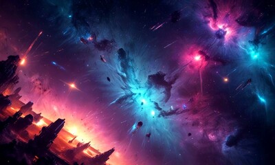 Obraz premium a vibrant, cosmic scene with a cityscape silhouetted against a backdrop of swirling nebulae and shooting stars The colors are predominantly blue, purple, and pink, with hints