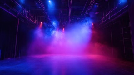 mystical stage bathed in deep purple and blue lighting empty performance space with a sense of anticipation and drama fog effects add to the atmospheric ambiance
