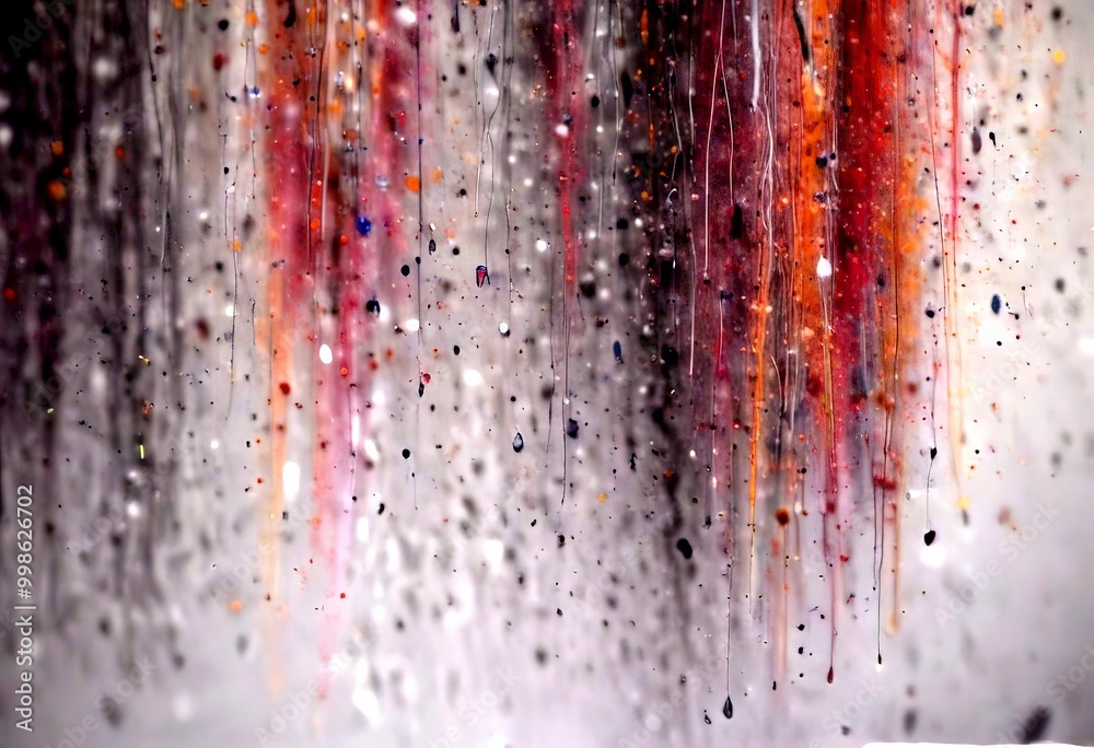 Poster abstract painting with a gradient of colors, featuring splashes of red, orange, and black against a 