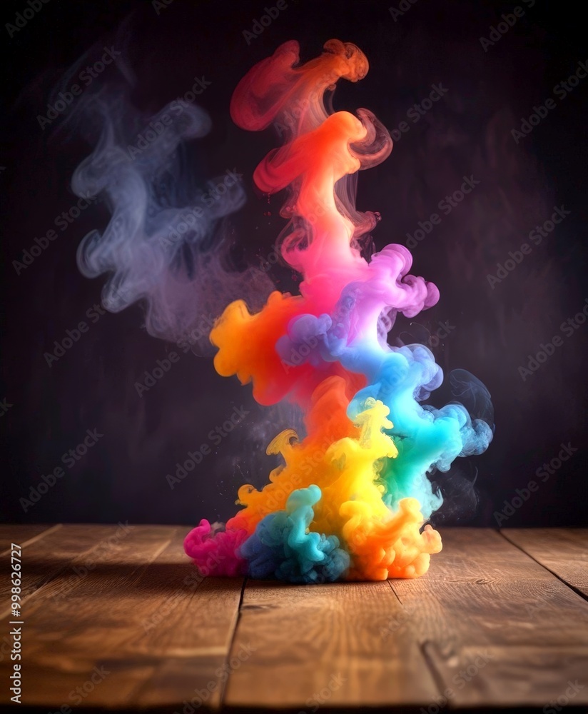 Poster a vibrant explosion of colorful smoke swirls and dances on a wooden surface, creating a mesmerizing 