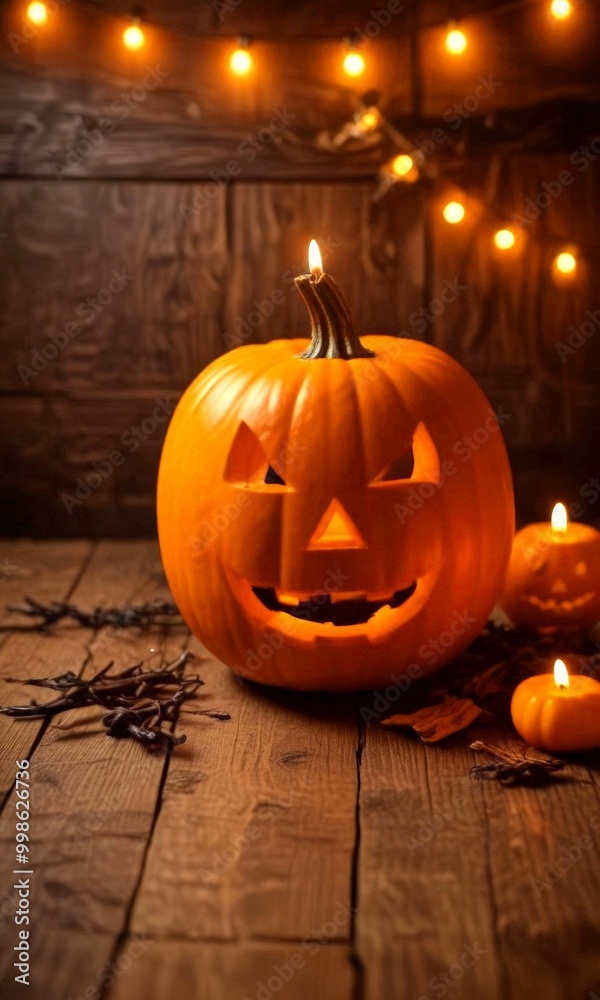 Poster A carved jack-o'-lantern with a smiling face sits on a wooden surface, surrounded by lit candles and twigs, with a string of lights in the background