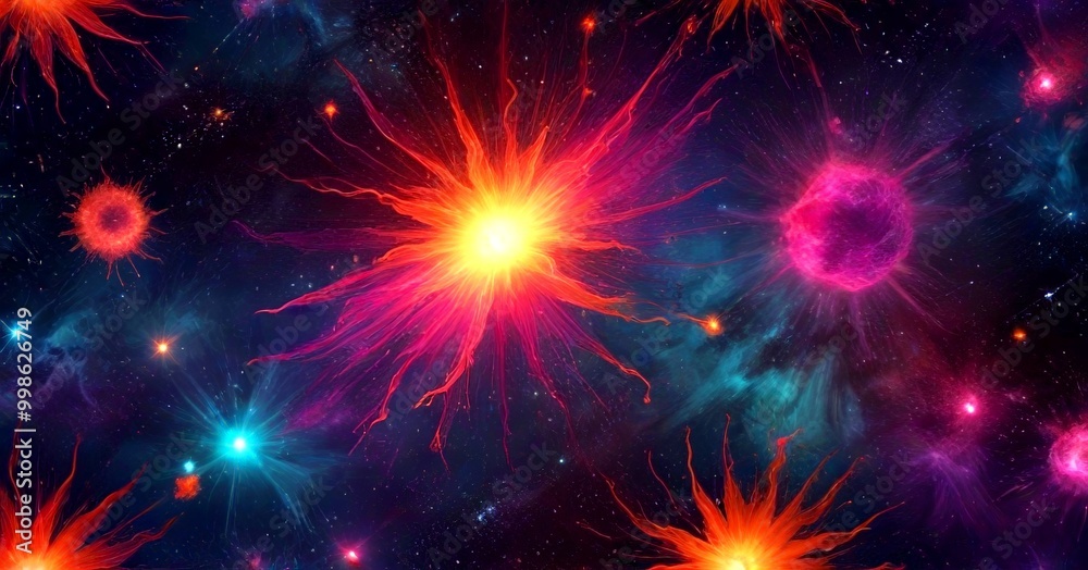 Aufkleber a vibrant cosmic scene with a central explosion radiating outwards, surrounded by smaller bursts of 