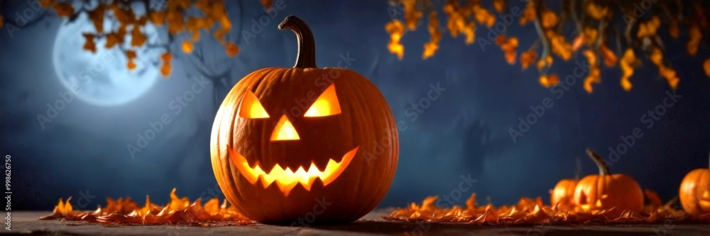 Poster a carved jack-o'-lantern with a smiling face sits on a table, surrounded by orange and yellow autumn