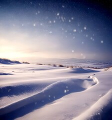 A serene winter landscape unfolds under a starry sky, with snow-covered fields and distant hills, creating a tranquil and picturesque scene