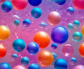 A vibrant array of multicolored bubbles floats against a soft pink backdrop, creating a whimsical and playful visual effect