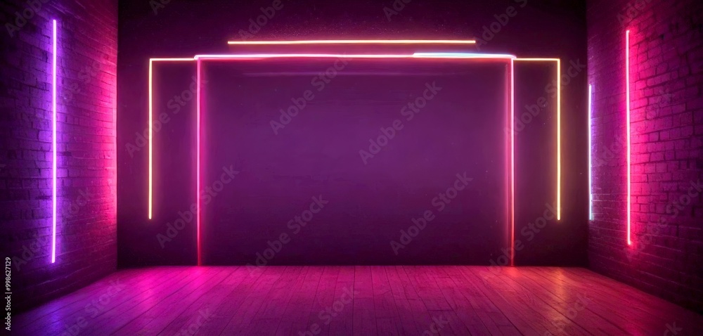 Poster A dimly lit room with a dark background, featuring a large rectangular structure with three curved lines on either side, and a wooden floor