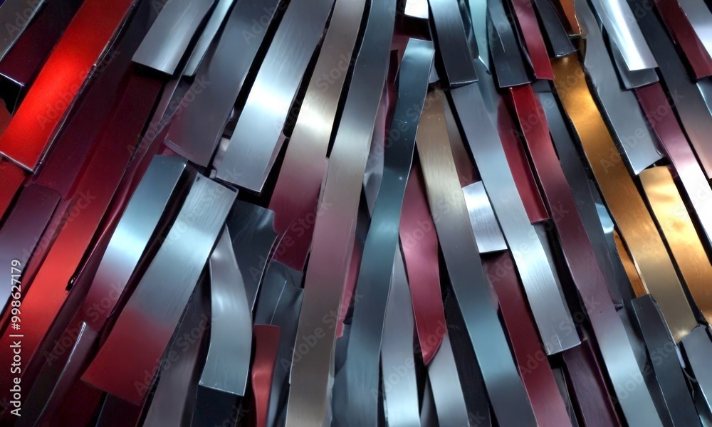 Poster a close-up view collection of metallic strips in various shades of red, black, and silver, arranged 