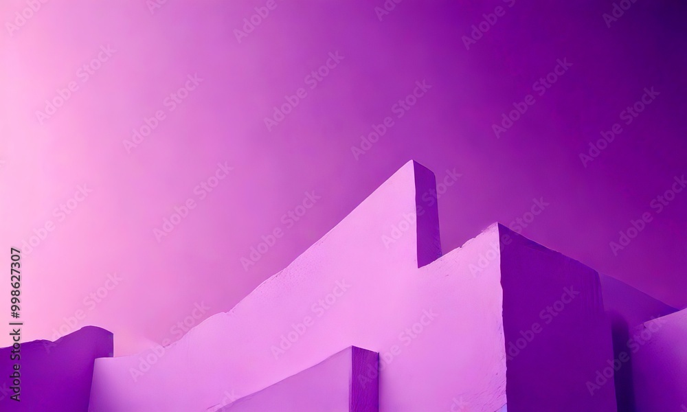 Poster A minimalist architectural composition featuring a series of white rectangular structures with a pointed top, set against a gradient purple sky