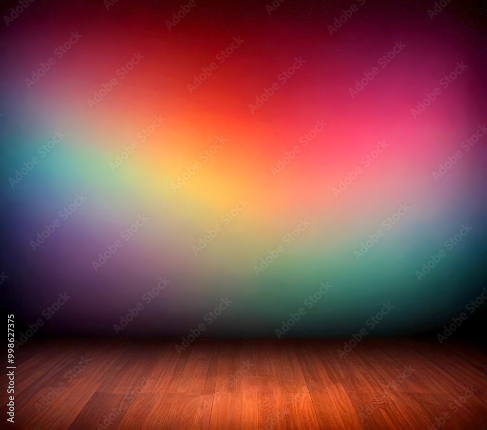 Poster a blurred, gradient background transitioning from red to purple, with a wooden floor in the foregrou