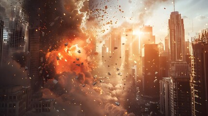 Obraz premium Apocalyptic Explosion in Dystopian City Skyline with Crumbling Skyscrapers and Debris