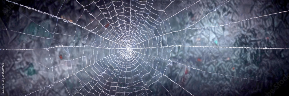 Poster a close-up view spider web, with its intricate structure and delicate strands, set against a dark, t