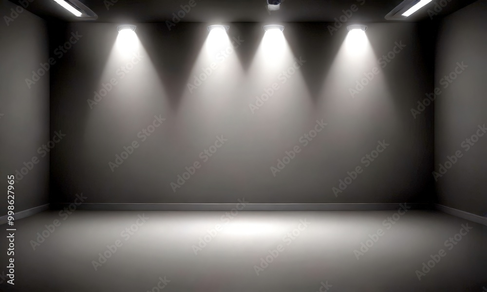 Poster a dimly lit room with a minimalist design, featuring a gray wall and a white floor, illuminated by f