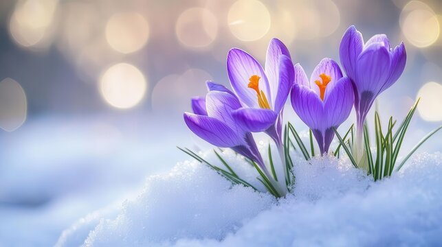 natures resilience macro shot of vibrant purple crocuses emerging from crystalline snow delicate petals bokeh sunlight