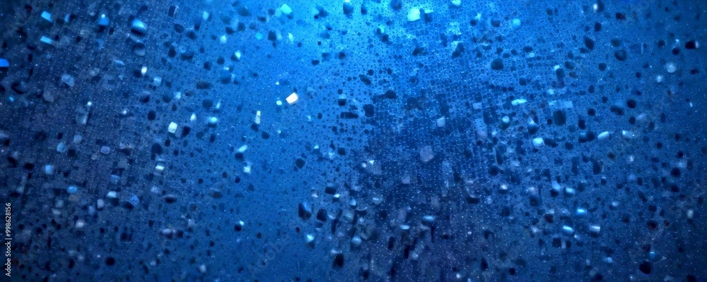 Poster a close-up view dark blue surface with numerous small, irregularly shaped white and gray objects scattered across it, creating a textured and abstract pattern