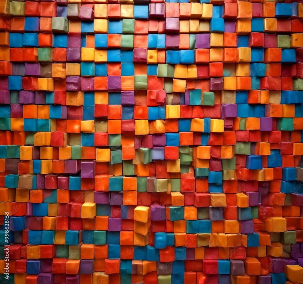 Fototapete A vibrant mosaic of multicolored cubes, each with a unique hue, creates a visually striking pattern across the
