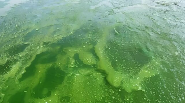 Algae spreading on water surface due to pollution, posing danger to environment and health. Aerial view shows impact of human activities on freshwater