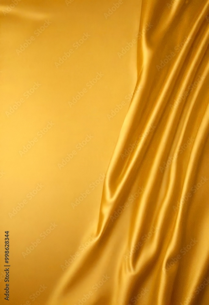 Poster a close-up view shiny, golden fabric with a smooth, flowing texture The fabric appears to be made of satin or a similar material, and it is draped or folded in a way