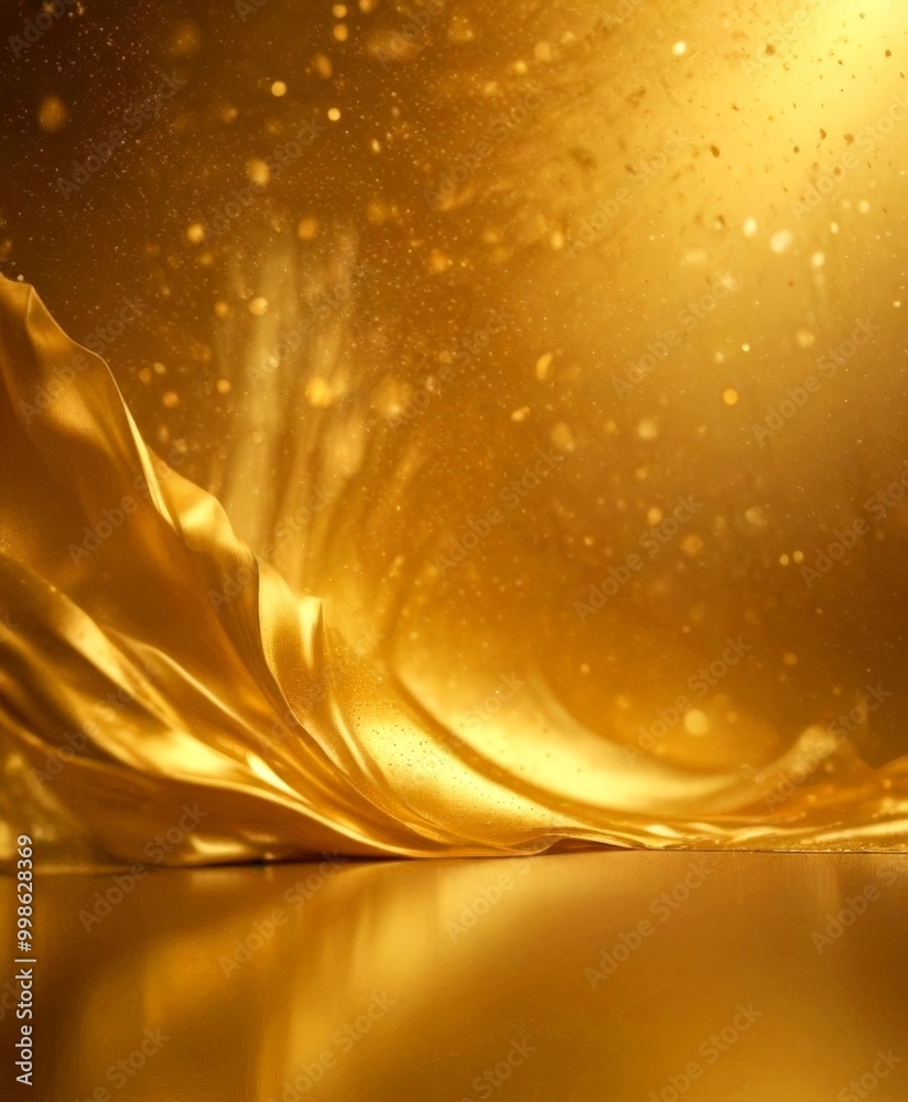 Aufkleber a flowing golden fabric with a wave-like pattern, set against a backdrop golden glow and sparkling particles, creating a visually striking and luxurious scene
