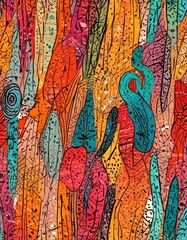 an abstract pattern featuring a variety of organic shapes and lines in a vibrant color palette, including shades of orange, pink, green, blue, and black