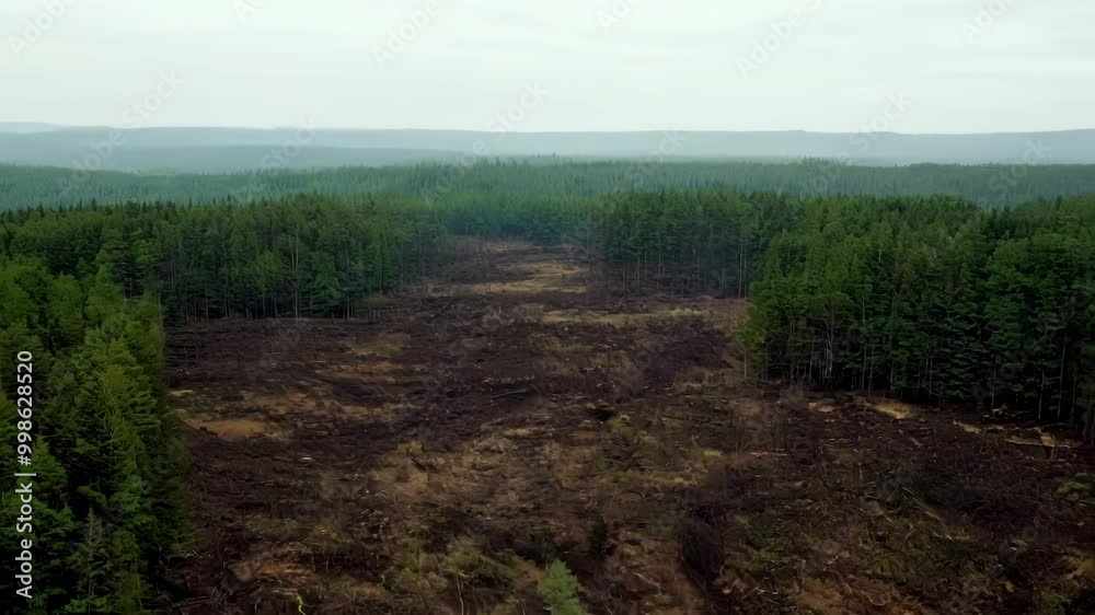 Poster once lush green forest is being destroyed by deforestation, leaving behind a barren wasteland. the c
