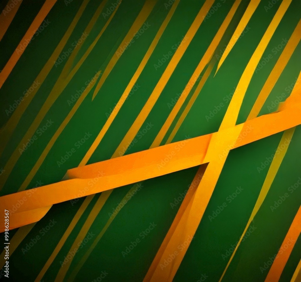 Poster a vibrant abstract composition of intersecting diagonal lines in shades of green and yellow, creating a dynamic and visually striking pattern