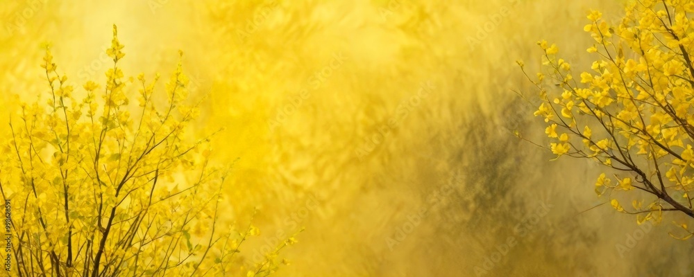 Poster a close-up view of yellow flowers on a tree branch, with a blurred background that appears to be a m