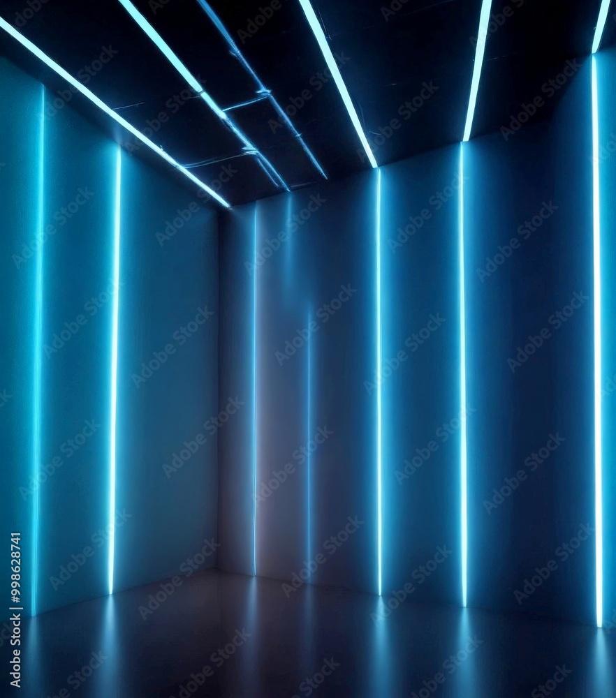 Poster a modern, minimalist room with a dark blue color scheme, featuring vertical light lines on the walls and ceiling, creating a sense of depth and dimension