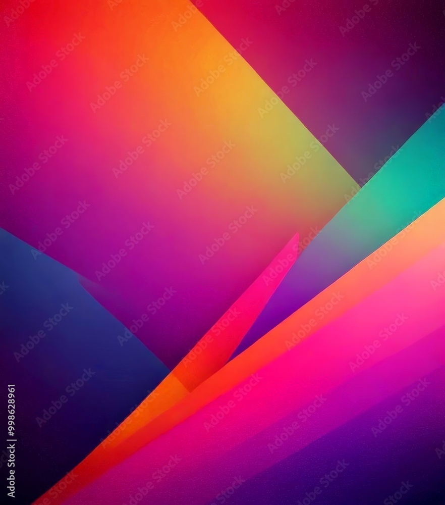 Poster a vibrant abstract composition with overlapping geometric shapes in a gradient of colors, including shades of orange, pink, purple, and blue