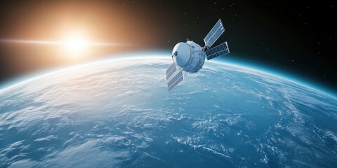 A small satellite floating on space with earth and sunlight on background