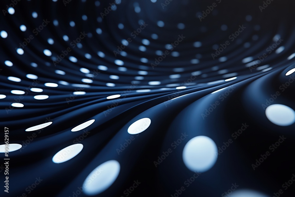 Poster abstract wave pattern with glowing dots on a dark background.