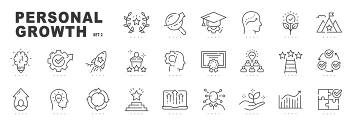 Set of personal growth related line icons. Development, improvement, achievement, upskill etc. Editable stroke. Set 2