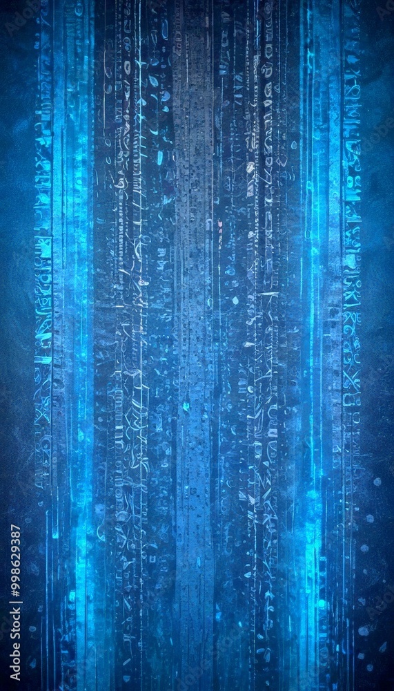 Poster a dark blue background with a repeating pattern of lines and symbols, creating a sense of depth and complexity