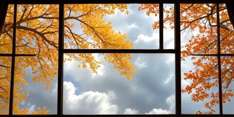 A window frame reveals a serene autumn scene, with vibrant yellow leaves framing a cloudy sky beyond