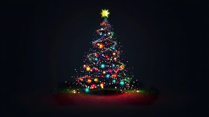 minimalist vector Christmas tree, build from big different color lights, black background ratio 16:9