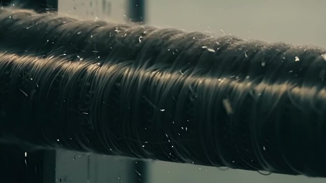 Close up shot of carbon fiber being wound by an industrial machine, highlighting the strength and precision involved in manufacturing advanced composite materials