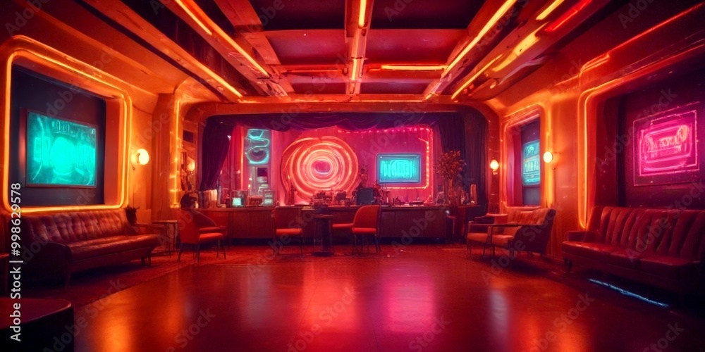 Poster a futuristic-looking lounge with neon-lit walls, a bar, and a large circular screen displaying a neo