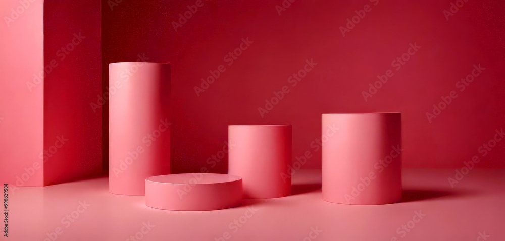 Leinwandbilder three cylindrical pedestals in varying heights stand against a pink background, creating a minimalis