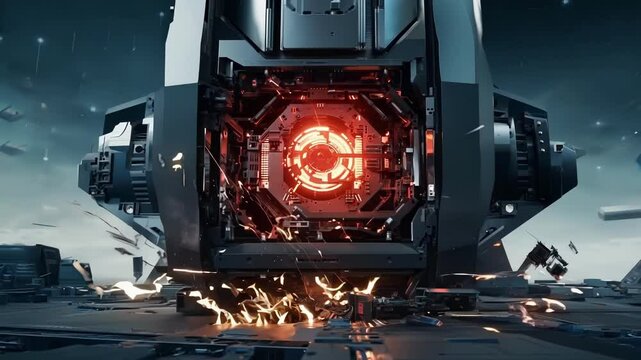 Futuristic computer with glowing lights is running in a destroyed city, suggesting an alien invasion is underway. The image evokes themes of technology, danger, and the future