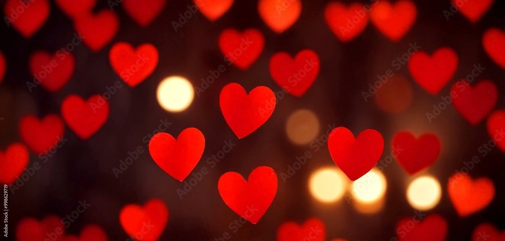 Poster Red hearts floating against a dark background, with a bokeh effect of light and dark red heart shapes