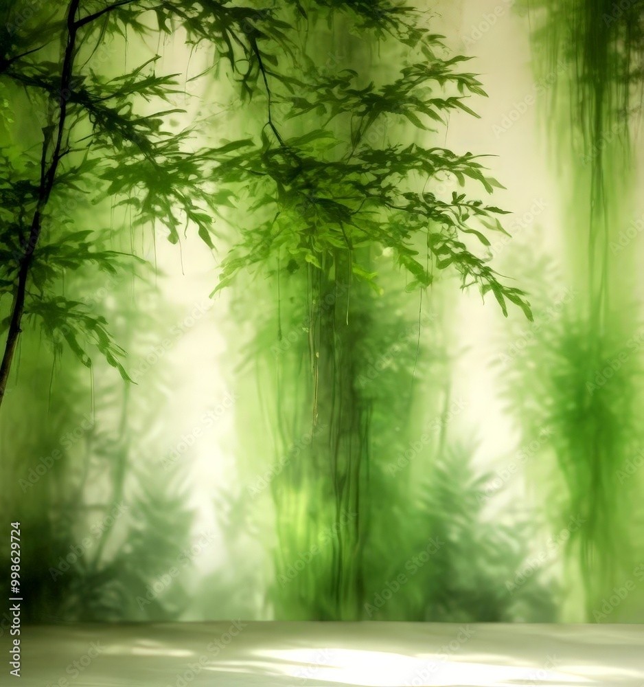 Poster a lush, verdant forest scene with a tree in the foreground and a misty, ethereal background