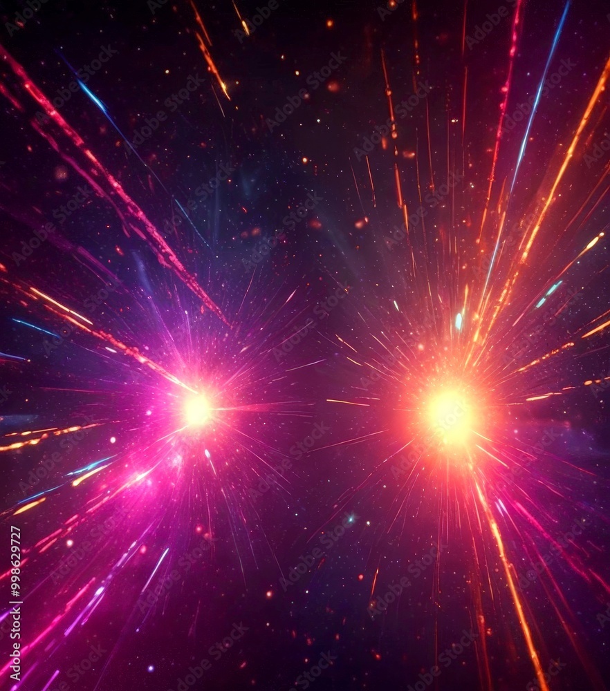 Aufkleber a vibrant cosmic scene with two bright stars radiating colorful bursts of light against a dark backg