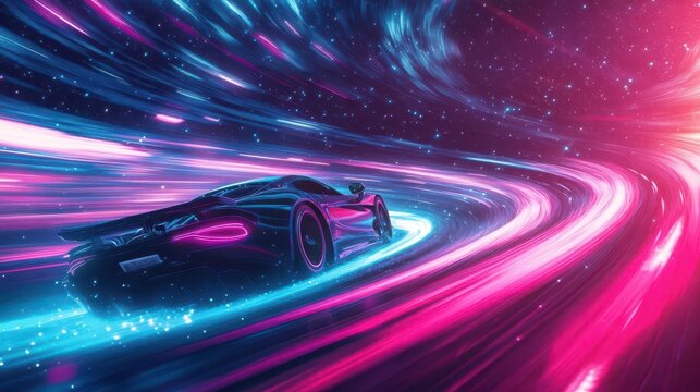 neonlit sports car drifting on a spiral race track in space cosmic dust trails shimmering star field background dynamic motion blur effects