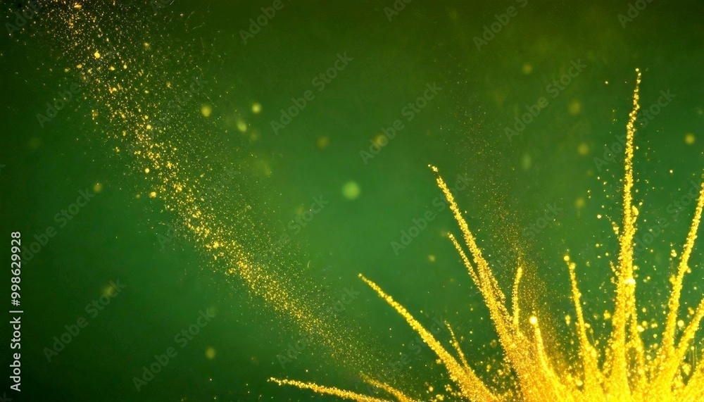 Poster a close-up view golden explosion or burst of particles against a dark green background