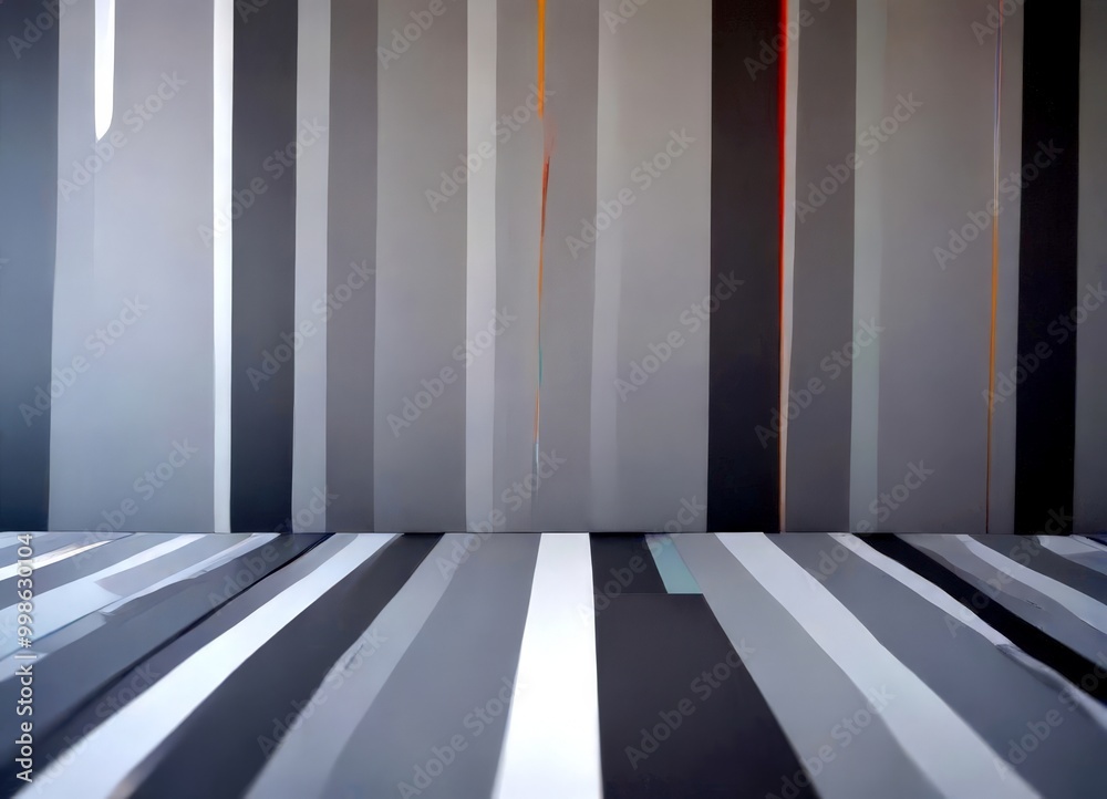 Poster a minimalist interior design with a gray and white striped pattern on the floor and a gray wall with