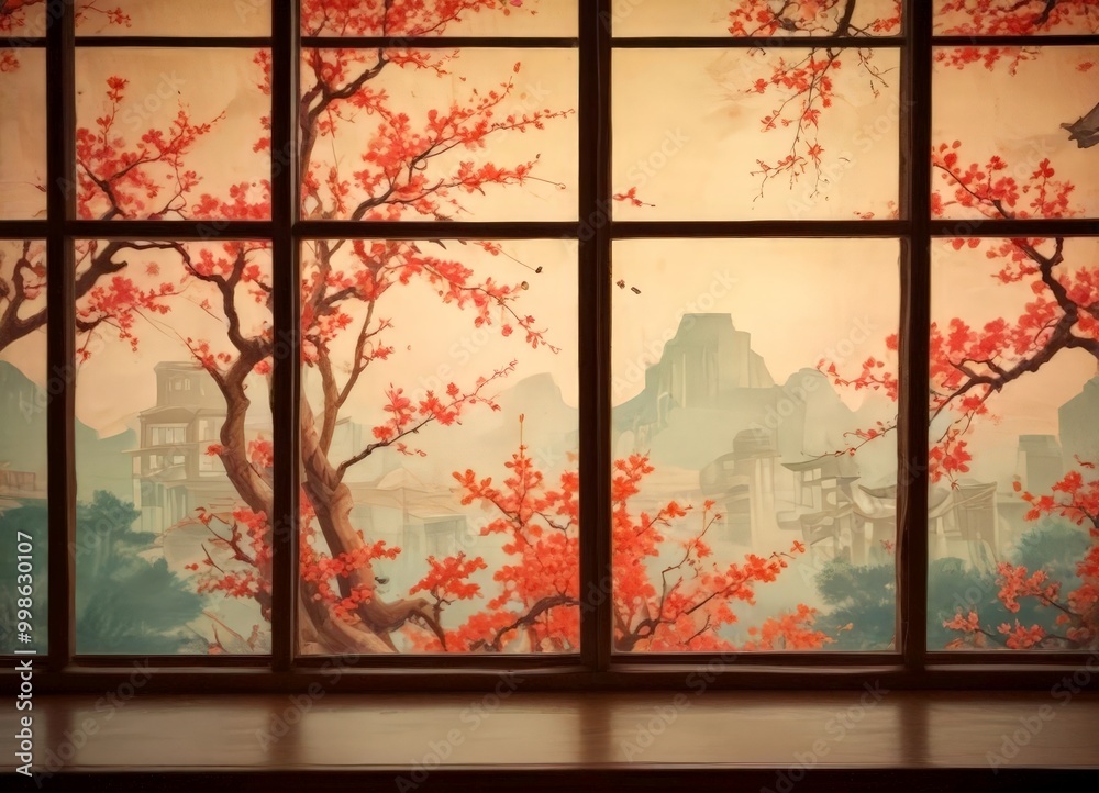 Poster a serene japanese landscape is depicted through a window, featuring a tree with vibrant red blossoms