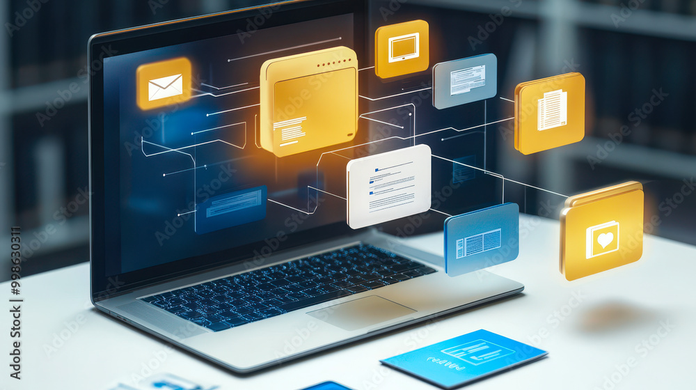 Poster digital document management system on laptop with organized files and centralized repository for eff