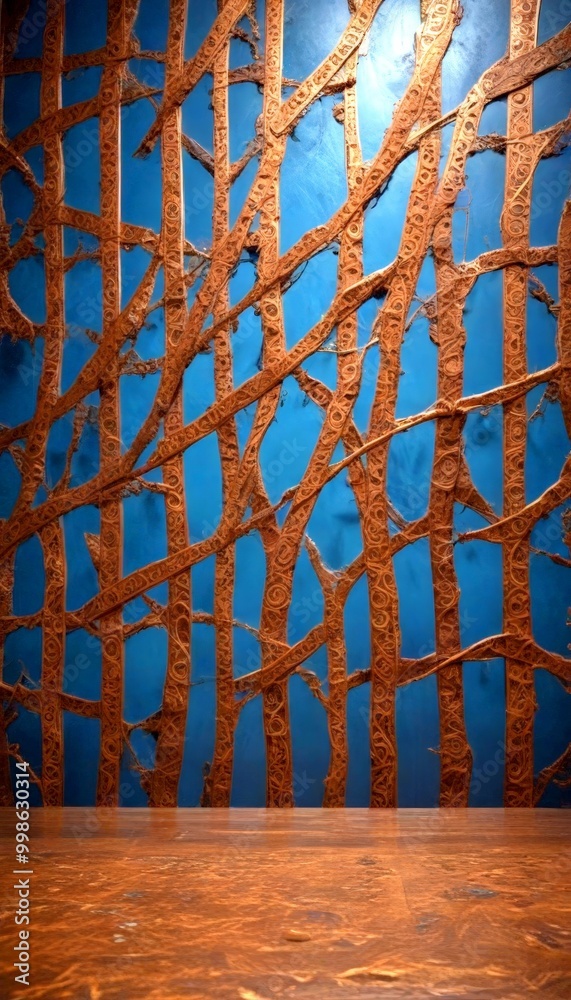 Poster a wooden panel with a pattern of intersecting branches against a blue background