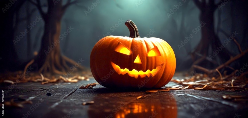 Poster a carved jack-o'-lantern with a smiling face sits on a wooden surface, surrounded by fallen leaves a