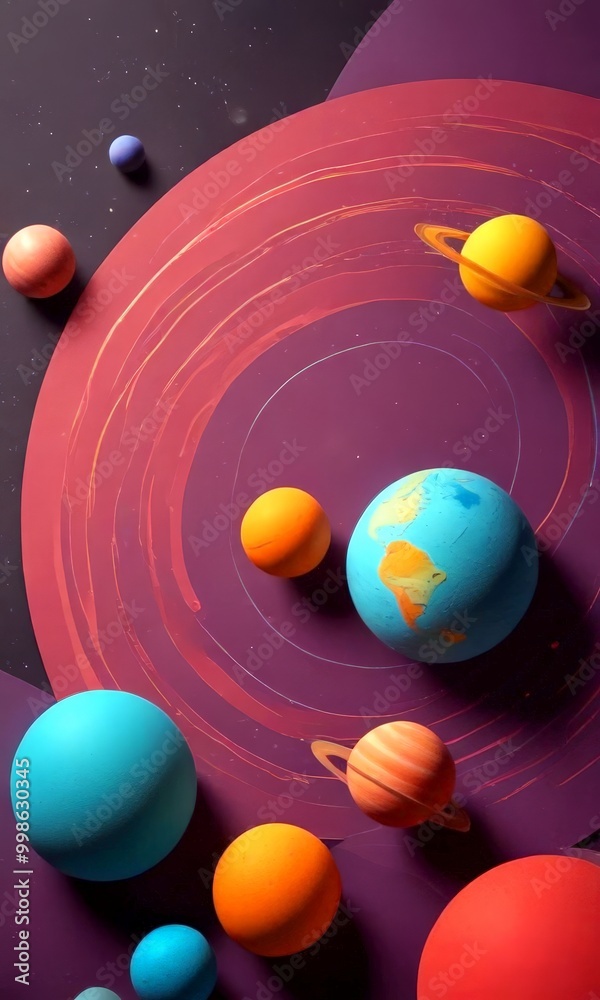 Poster A vibrant, abstract representation of the solar system, featuring planets of various sizes and colors arranged in a circular pattern against a dark background with stars